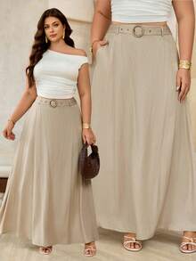 Roveilla 大码女式杏色蕾丝仿牛仔腰带，弹性腰带，可调节金属扣A字中长裙，优雅法式浪漫复古风，适合办公室通勤、商务休闲、海滩度假等场合，简约百搭，春夏新款 - 杏色 - 查看 9