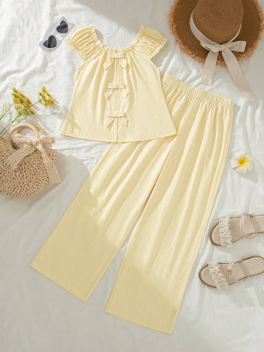 ChillGRL Tween Girls' Summer Fashion Versatile Off Shoulder Round Neck Shirt And Pants Set, Bow Accent Open Cardigan Design, Striped Woven Soft Fabric, Sweet Girl's Choice For Party And Commuting - Yellow - View 1