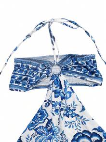 GlowEve Women's Vacation Casual Floral Print Backless Halter Dress - Blue - View 6