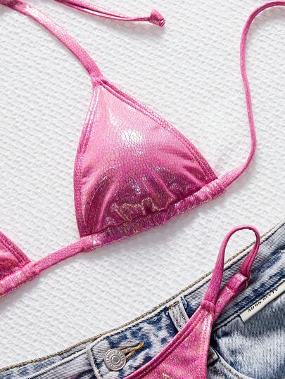 Swim SXY 2026 New Colorful Ombre Pink Faux Leather Micro Triangle Tie-Side Adjustable Sexy Bikini Set, Summer Beach Vacation Style