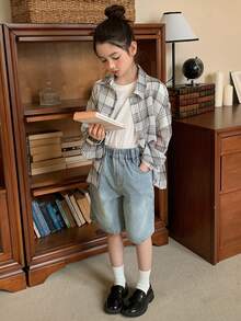 Dazy Kids Áo sơ mi dài tay in họa tiết thường ngày cho bé gái tuổi teen, thích hợp mặc mùa hè. - Màu Xám nhạt - Xem 3