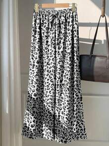 SHEIN EZwear 女士休闲豹纹抽绳腰长裤 - 黑與白 - 查看 5