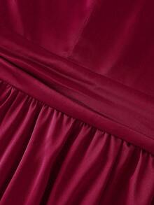 SHEIN Clasi Plus Size Women's Elegant Romantic 3D Pearl Decor Camisole Waist Slimming Short Satin Burgundy Dress, Summer - Burgundy - View 8