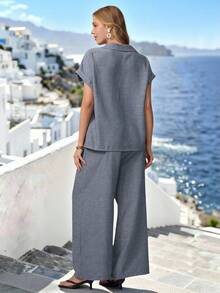 Parysyn 大码梭织休闲条纹夏季女式两件套 - 灰色 - 查看 2