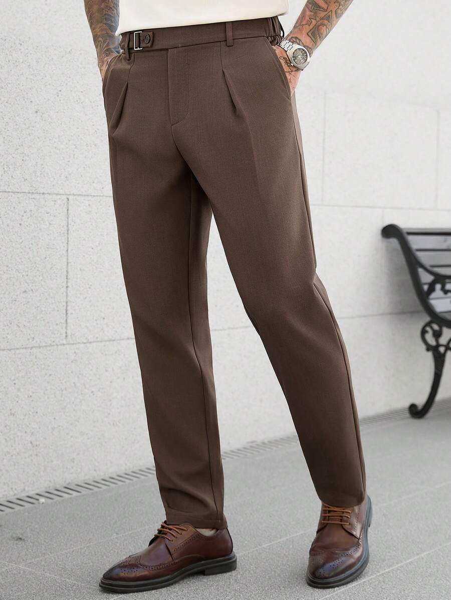 Manfinity CasualCool 男士棕色休闲直筒裤，百搭正装裤，腰部设计 - 棕色 - 查看 1