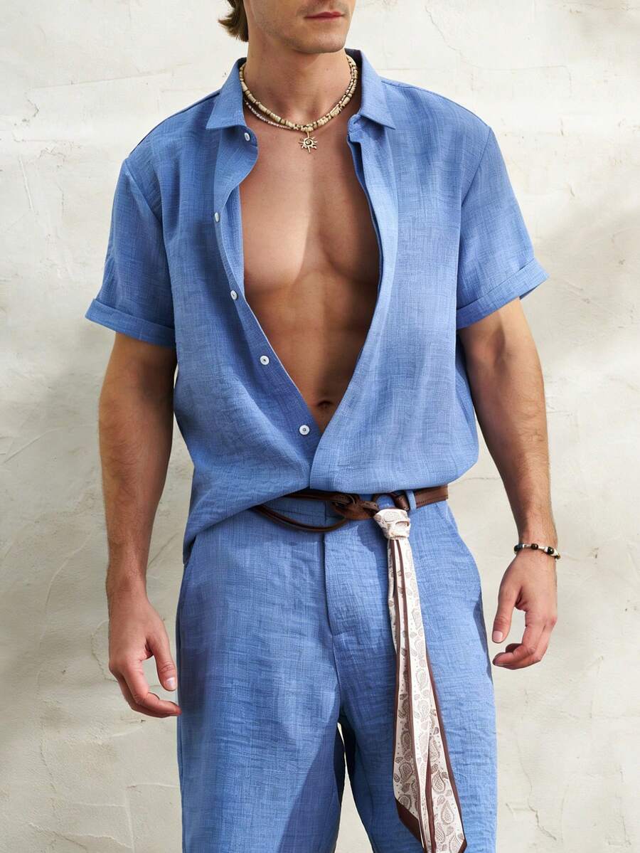 Airaco 男士时尚休闲竹编短袖衬衫套装 - 藍色 - 查看 1