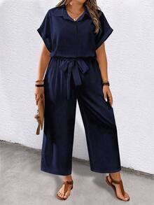 SHEIN LUNE CURVE Bộ áo liền quần nữ cỡ lớn, màu trơn, tay ngắn, cổ bẻ, thắt lưng, có túi, kiểu dáng thường ngày. - màu đen - Xem 3
