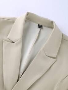Franclia Áo blazer nữ mùa xuân/hè kiểu Pháp thanh lịch, chất liệu ren kẻ sọc, thích hợp cho công sở, nghỉ dưỡng, tiệc trà chiều lãng mạn, bãi biển, có ve áo, thắt eo, điểm nhấn kim loại, thiết kế dài ôm eo. - Màu be - Xem 3