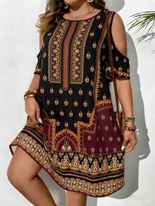 EMERY ROSE Vestido corto con hombros descubiertos y estampado de talla grande para mujer - Negro - Ver 1