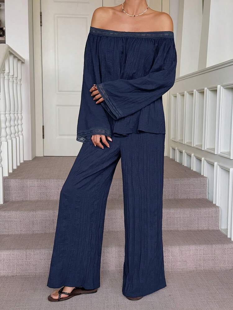 Women's Lace Patchwork Textured Off-Shoulder Long Sleeve Blouse And Wide Leg Pants Two Pieces Vacation Set