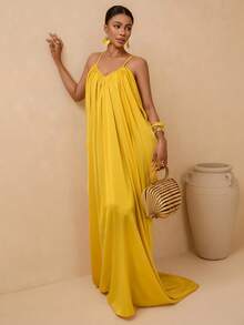 Vesra Spaghetti Strap Deep V-Neck Backless Pleated Draped Dress With Train, Sexy For Women - Yellow - View 3