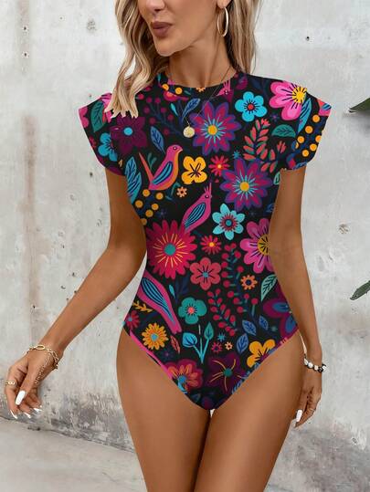 EMERY ROSE Vacation Colorful Floral Retro Print Plus Size Bodysuit, Suitable For Summer