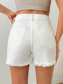 SHEIN High Waist White Color Distressed Casual Style Mini Denim Short Woman's 100 Cotton Beach White Summer - White - View 2