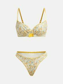 lacRébo Bộ đồ lót lưới in hoa màu vàng gồm áo ngực có gọng và quần lót cùng màu, lãng mạn, dễ thương, phong cách Pháp mùa xuân hè. - Nhiều màu - Xem 7