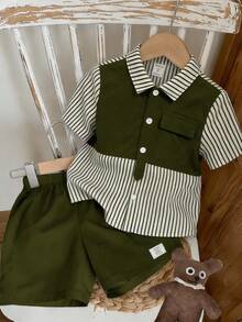 2pcs/Set Young Boys' Black & White Striped 2 In 1 Contrast Color Short Sleeve Shirt And Shorts Set, Suitable For Spring/Summer, Outings, Valentine's Day, Dates, Travel, Vacations, Family Gatherings, Back To School, Weddings, Galas, Sports, Birthday Parties - Army Green - View 3