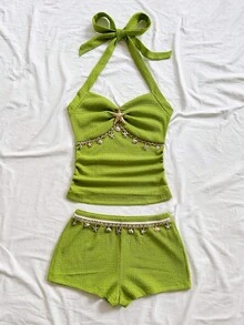 Soleia 女士度假沙滩露背吊带上衣和短裤两件套 - 綠色 - 查看 3