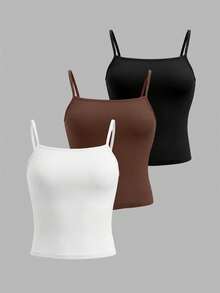 Resyla Bộ 3 áo hai dây nữ màu trơn, kiểu dáng thường ngày, thích hợp cho mùa hè. - Nhiều màu - Xem 3