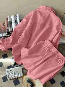 Resyla 新款简约时尚亚麻休闲宽松长袖短裤两件套女装 - 西瓜粉 - 查看 2