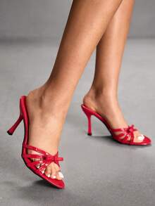 CUCCOO SZL Ladies Square Toe Stiletto Bow Bright Wind Dinner Dating Summer Red Patent Leather Sandals - Red - View 9