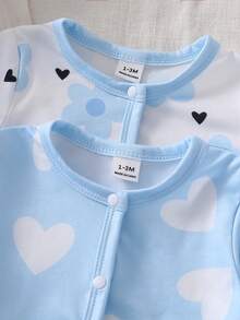 2-Pack Newborn Pajamas&Loungewear Set,Cute Blue Floral&Heart Print,Spring Summer Autumn,Black And White,Soft Skin-Friendly Fabric Button Lounge Wear - Blue - View 3