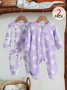 Bộ 2 món đồ ngủ liền thân họa tiết hoa nhí mềm mại cho trẻ sơ sinh, tay dài. - Màu tím - Xem 6