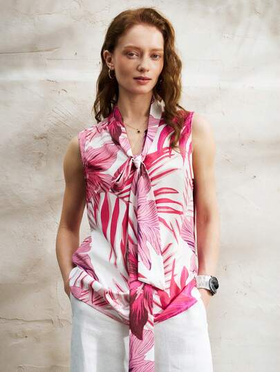 Airaco 时尚雪纺无袖印花衬衫，领口系带，简约设计，女士款