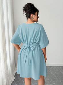 Elenzga 女士休闲V领收腰短款优雅红色晚礼服，夏季 - 淺藍色 - 查看 2
