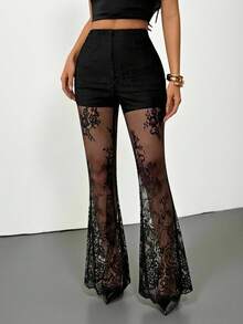 SHEIN PETITE 女士性感优雅蕾丝透视喇叭裤 - 黑色 - 查看 9