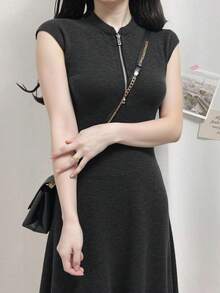 FRIFUL Women's Round Neck Metal Zipper Decorated Waist A-Line Long Dress Sundress Summer - Dark Grey - View 2