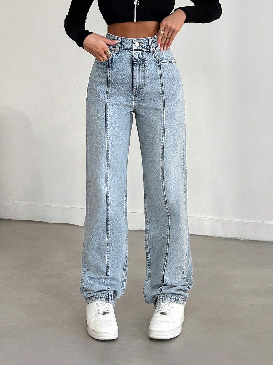 SHEIN Light Wash Straight Leg Jeans With Front Seam Details, Comfort, Jeans, Denim Pants - Light Wash - View 1