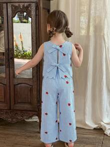 LMoss Kids 2件套女童条纹草莓印花无袖上衣和宽松休闲裤套装，儿童服装 - 藍色 - 查看 1