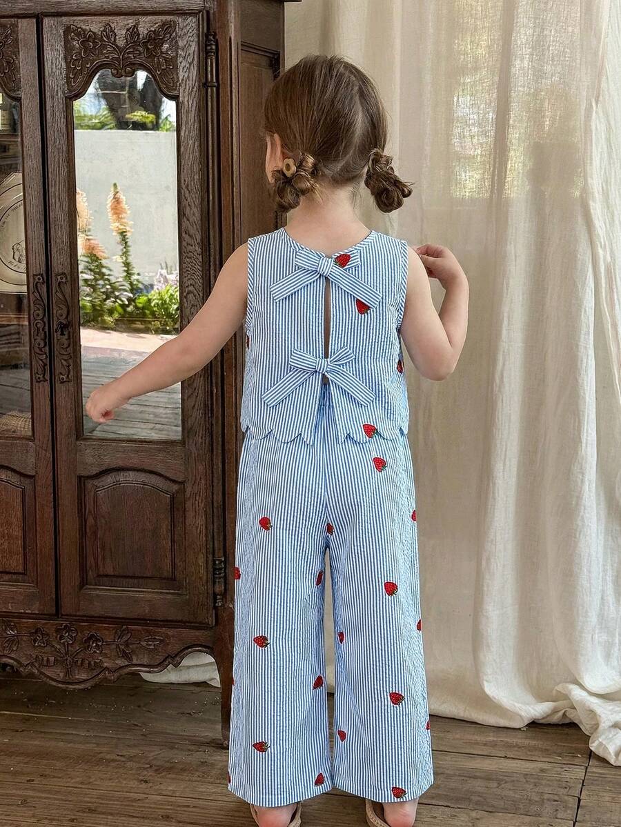 LMoss Kids 2件套女童条纹草莓印花无袖上衣和宽松休闲裤套装，儿童服装 - 藍色 - 查看 1