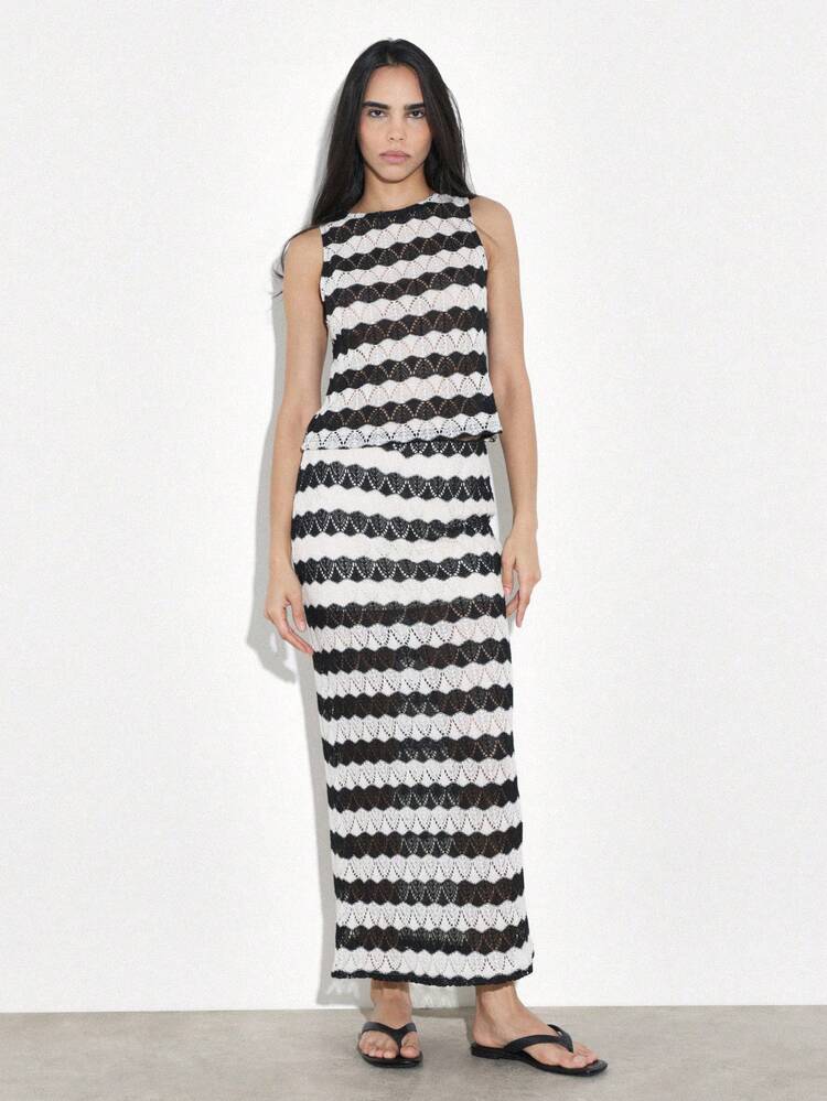 KSTM Spódnica maxi damska szydełkowa z koronką w poziome paski, długa, dopasowana, letnia, plażowa, do kostek