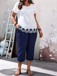 EMERY ROSE 两件套加大码女式短袖圆领衬衫和七分袖上衣，简约时尚，夏季度假/休闲装，夏季七分裤套装，女式衬衫裤套装，蓝白配色女式夏季裤装套装，加大码女式七分裤两件套休闲套装，加大码夏季七分裤两件套，女式休闲装，女式夏季装，女式春季装，女式度假套装，女式裤装和衬衫套装，女式休闲两件套，女式休闲夏季装 - 彩色 - 查看 1