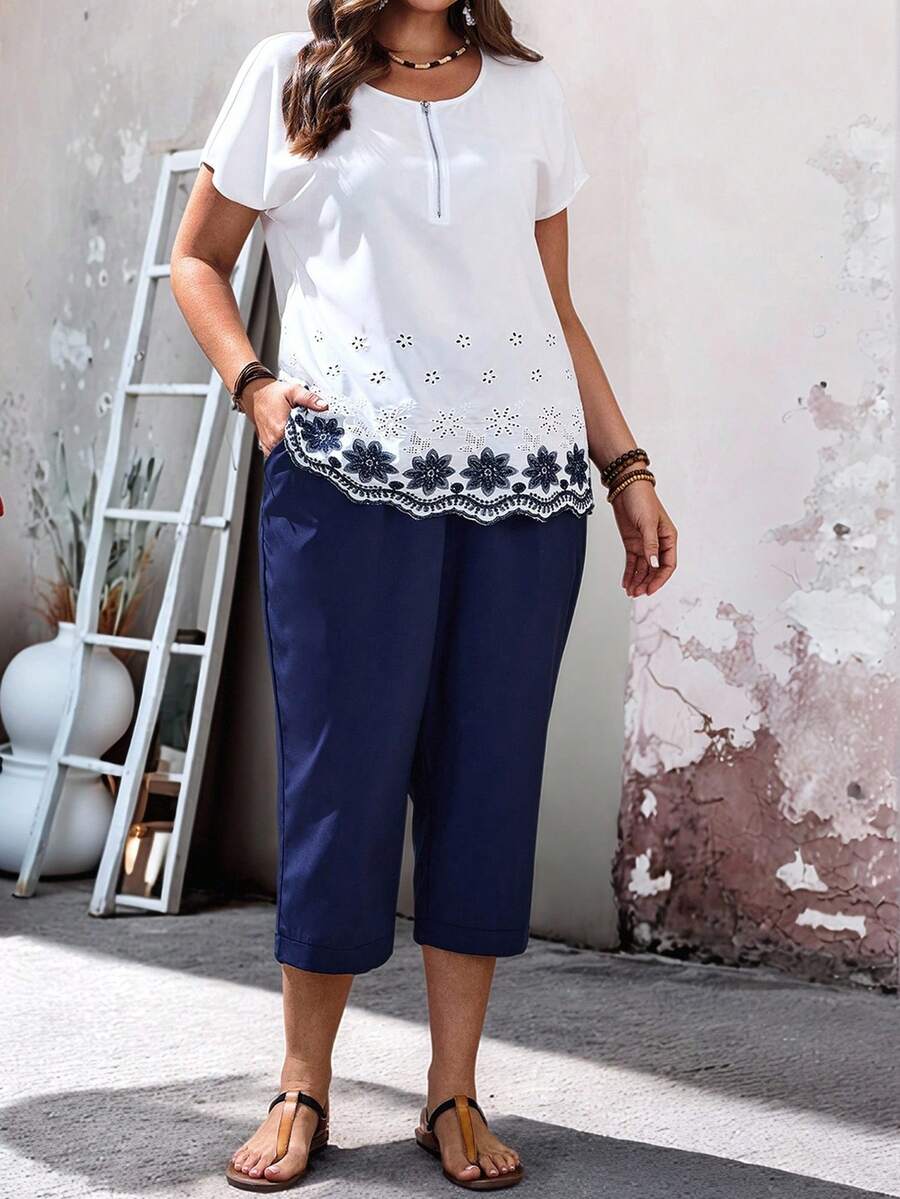 EMERY ROSE 两件套加大码女式短袖圆领衬衫和七分袖上衣，简约时尚，夏季度假/休闲装，夏季七分裤套装，女式衬衫裤套装，蓝白配色女式夏季裤装套装，加大码女式七分裤两件套休闲套装，加大码夏季七分裤两件套，女式休闲装，女式夏季装，女式春季装，女式度假套装，女式裤装和衬衫套装，女式休闲两件套，女式休闲夏季装 - 彩色 - 查看 1