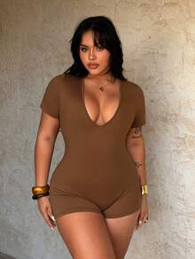 Rustia Plus Size Women's V-Neck Deep V Jumpsuit Shorts, Casual Basic Jumpsuit For Home & Outdoor, Minimalist Sexy Jumpsuit, Spring/Summer - Brown - View 7