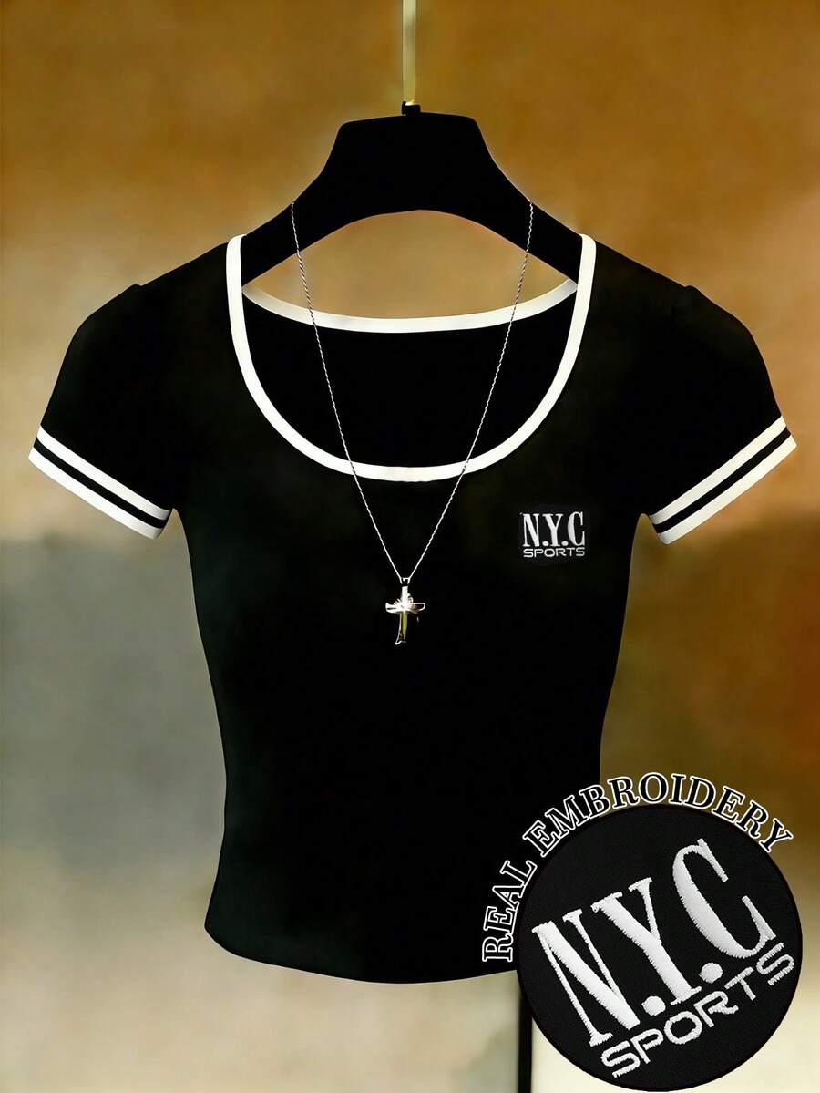 Franclia 新款高品质刺绣修身短款T恤，常规版型，饰有刺绣花卉图案 - 黑色 - 查看 1