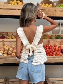 Selianne Elegant V-Neck Sleeveless Tie Back Cardigan For Women, Spring/Summer - Apricot - View 2