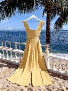 Selianne 女士春夏度假休闲奶油黄蕾丝拼接无袖阔腿连体裤 - 黃色 - 查看 2