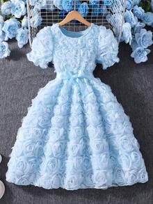 青少年女孩淺藍色夏季優雅伴娘婚禮賓客禮服，泡泡袖3D花朵公主裙，戶外校園派對紋理面料 - 藍色 - 查看 4