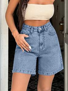 EURMUSE 100%Cotton Rigid Medium Wash Women Short - Baby Blue - View 4