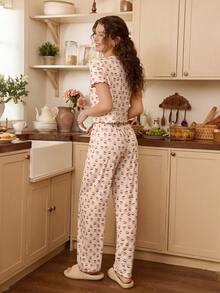 SHEIN Bộ đồ ngủ nữ ôm sát cổ chữ V, cài cúc, in hình quả anh đào - Nhiều màu - Xem 4