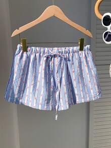 CovetEZ Pantalones cortos sueltos con cintura de lazo de mujer de estilo casual a rayas - Azul y blanco - Ver 3