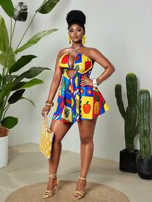 Maweii Plus Size Women's New Elegant Contrast Color Floral Print Fabric, Versatile Tie-Neck Hollow Front Jumpsuit With Flared Skirt - Multicolor - View 5