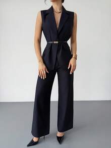 SHEIN Women's Solid Color Lapel NeckVest And Pants Casual Suit Set - Black - View 4