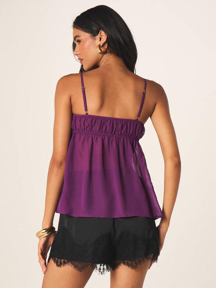 MISSGUIDED Women's Purple Ruched Camisole Top With Thin Straps And Babydoll Fit For Summer Casual Elegant Feminine Style Sleeveless Blouse