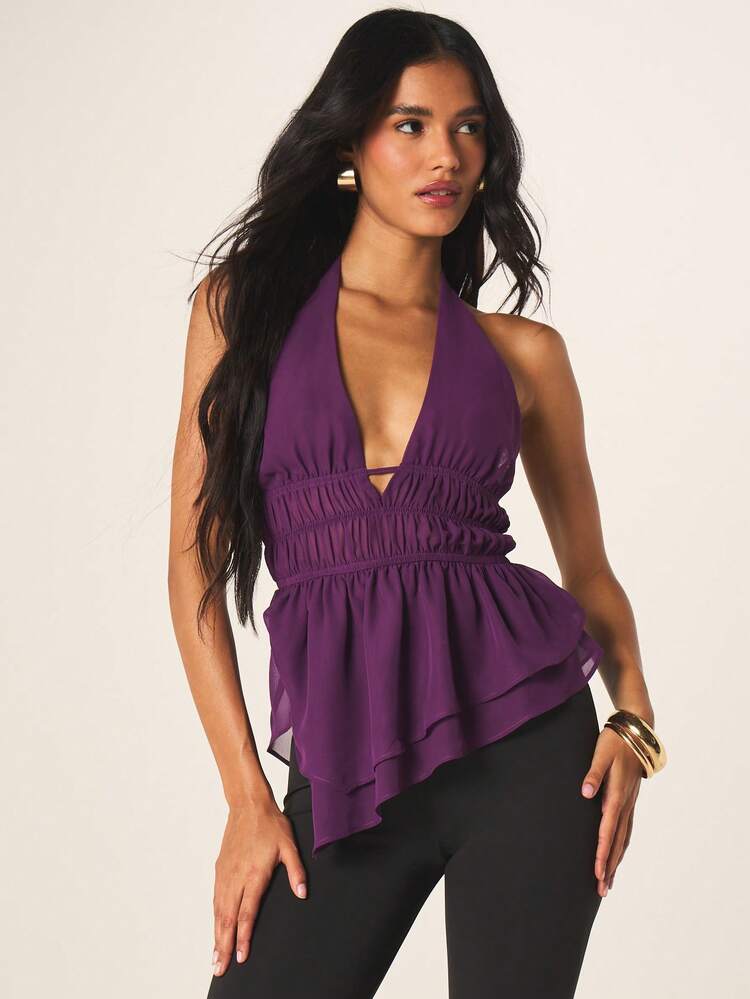 MISSGUIDED Top femme à encolure bénitier profonde, col ras-du-cou, ourlet asymétrique à volants, taille froncée et détail de lien dans le dos pour les soirées d'été