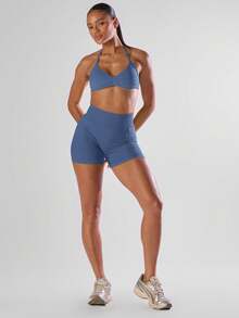 Musera Sport Bra Olahraga Model Halter dengan Detail Kerut di Bagian Dada dan Punggung Terbuka, Nyaman untuk Aktivitas Olahraga, Lari, Padel, Tenis, Pickleball, dan Kebugaran di Gym. - Dusty Blue - View 3