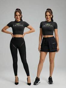 Innovista 女士字母印花圆领短袖网球T恤 - 黑色 - 查看 3