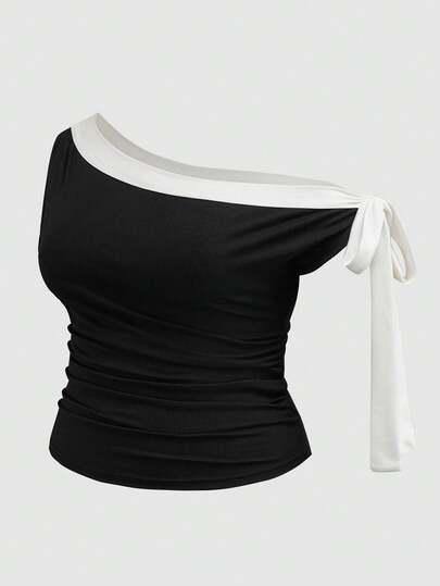 INAWLY Plus Size Women Colorblock Asymmetric Shoulder Top